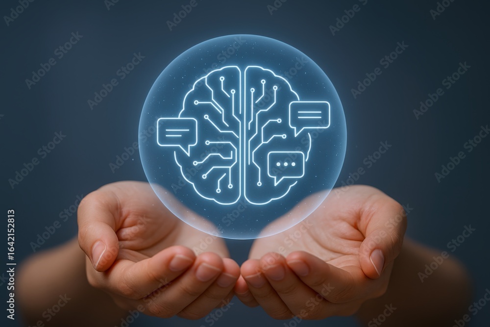 Poster hands presenting holographic brain with speech bubbles: artificial intelligence concept and modern t