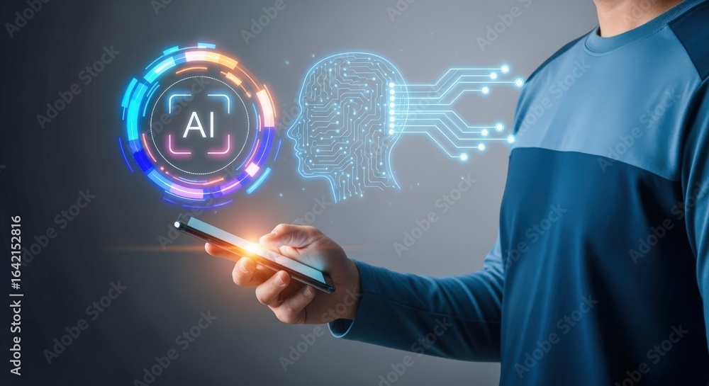 Poster artificial intelligence interface concept: man holding phone with ai technology integration, represe