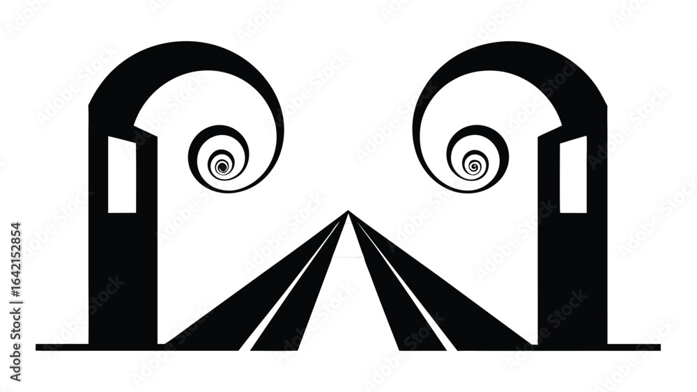 Poster abstract geometric design featuring spiraling forms and a converging pathway in black and white