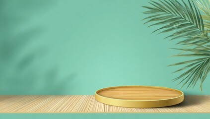 Wooden podium with golden rim on a light teal background with tropical foliage.