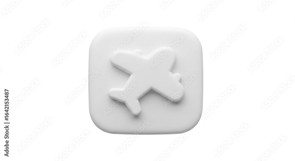 Poster a simple white airplane icon embossed on a rounded square against a plain white background image vie