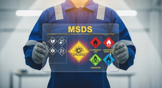Worker Presents Material Safety Data Sheet Information with Hazard Symbols for Workplace Safety Compliance