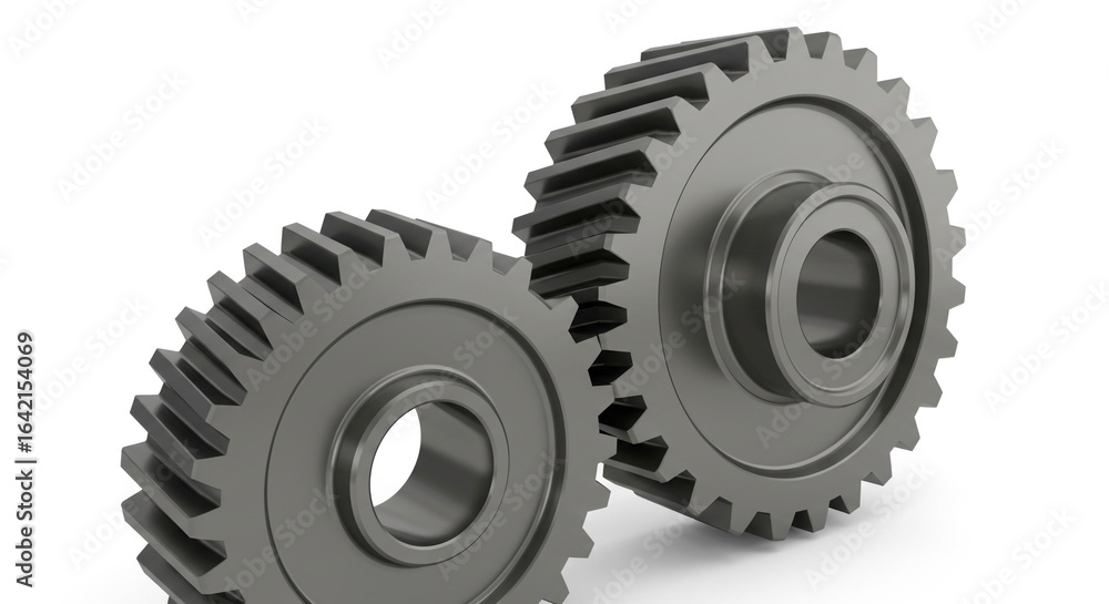 Poster a close up studio shot of two interlocking gray gears on a white background showing mechanical movem