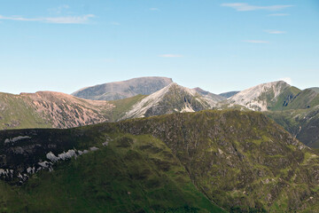 View north from the Pap of Glencoe to the Mamores mountains and Ben Nevis. Glencoe, Lochaber, Scottish Highlands.