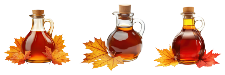 Set of maple syrup with maple leaves isolated on transparent background