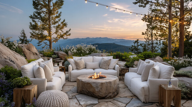 Inviting outdoor setup with stone fire pit, plush seating, and a rustic wooden table, golden string lights above blending with the last rays of sunset,