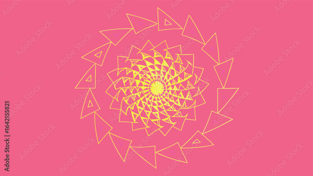 Poster abstract geometric design featuring triangles arranged in a radiating spiral pattern against pink ba