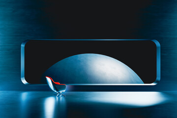 Viewpoint aboard spacecraft featuring armchair and planet window