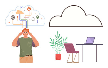 Thoughtful man with cloud diagram showing connections, minimal workspace with laptop, chair, plant. Ideal for innovation, technology, remote work, creativity, brainstorming cloud computing simple