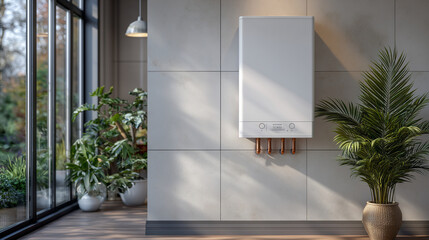 Modern plumbing showcase: white boiler on a clean wall, copper pipes with perfect symmetry, sunlight streaming through a nearby window,