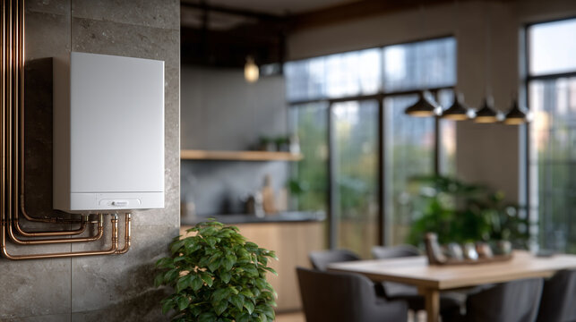 Utility space flooded with daylight, featuring a sleek wall-mounted white boiler and radiant copper pipes, perfectly blending function and contemporary style,