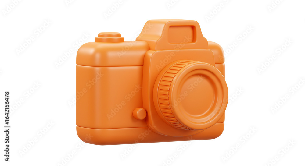 Poster a minimalistic orange camera with a lens and a button on a white background in a studio shot view