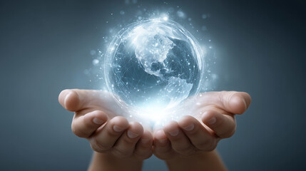 Hands Holding Glowing Sphere of Light and Digital Particles