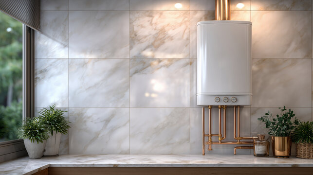 Modern home plumbing design: elegant white boiler and polished copper pipes on a flawless wall, brightness and clarity emphasizing efficiency,