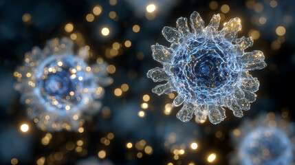 Immunology-inspired visualization of T cells and B cells interacting, complex protein patterns on their surfaces, set in a shimmering golden cytoplasmic background,