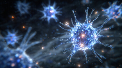 Close-up 3D microscopic perspective showing spherical B cells and spiky T cells, layers of light refracting through the surrounding cytoplasm,