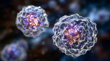 Magnified view of T cells and B cells with crystal-clear structural detail, their membranes shimmering with iridescent highlights against a blurred cytoplasmic environment,