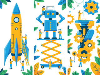 Obraz premium Rocket, Robot, and Gear Minimalist Flat Illustration, Technology and Innovation Concept