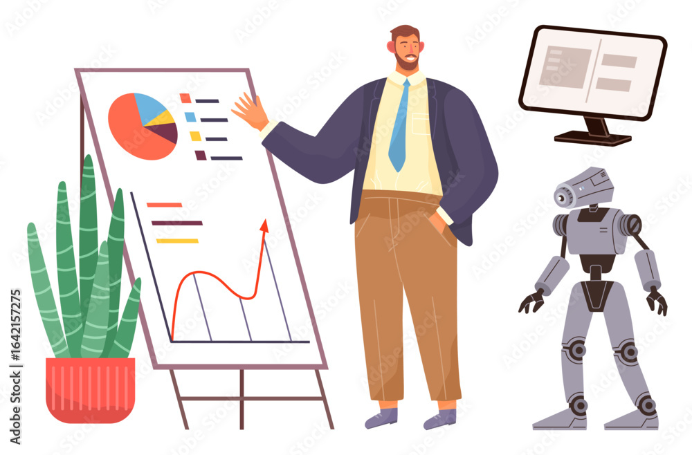Aufkleber man presenting charts with graphs and pie chart near futuristic robot, digital monitor, and potted p
