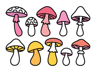 Cartoon Mushroom Doodle Collection, Cute Fungi Illustrations with Bold Line Art for Design Projects