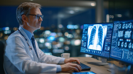 Modern clinic setting, doctor comparing radiology scans on split-screen displays, coffee cup steaming on desk beside digital tablet,