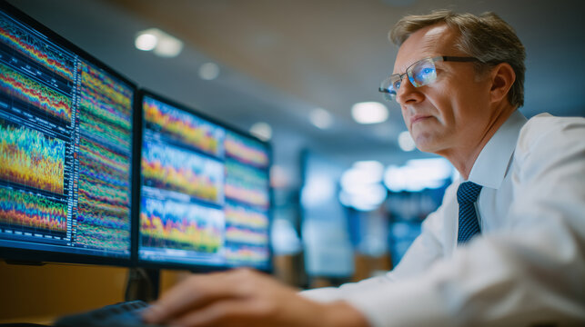 Modern medical office with a doctor analyzing layered patient data on wide curved monitors, reflections of colorful graphs in glasses, clinical yet inviting environment,