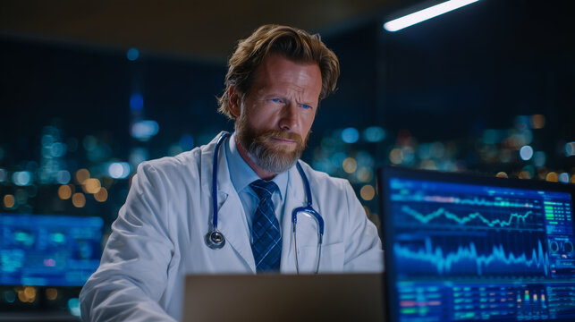 Intense medical analysis scene, doctor examining digital charts with AI-assisted insights, soft overhead lights illuminating the workstation, - Powered by Adobe