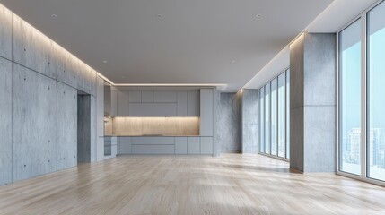 Fototapeta premium Minimalist open-plan kitchen interior with concrete walls, wood flooring, and natural light from large windows