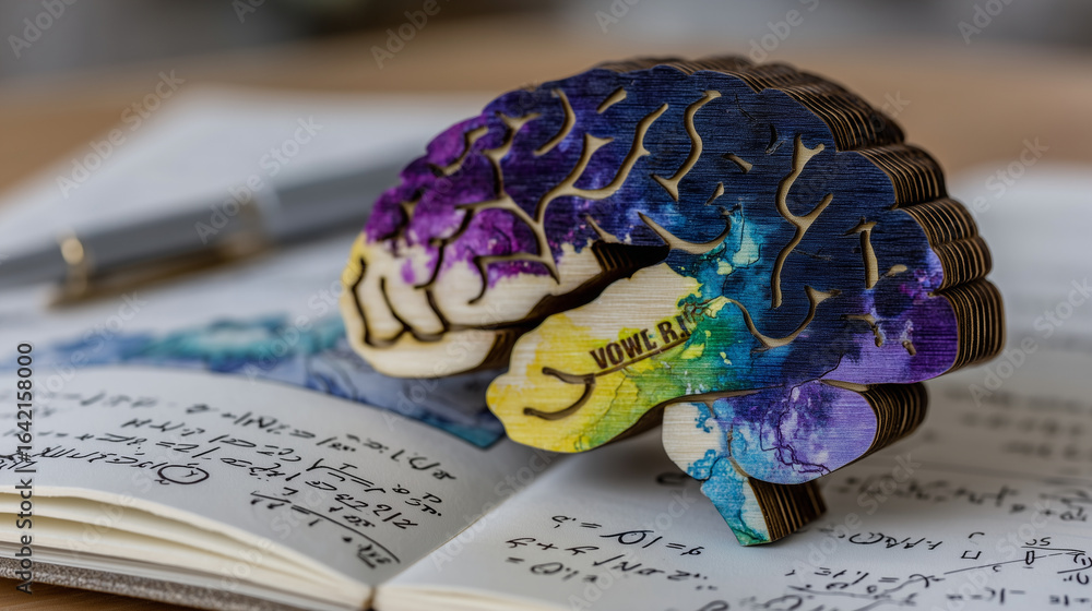Aufkleber wooden brain puzzle in a rainbow palette, placed atop an open notebook filled with doodles and equat