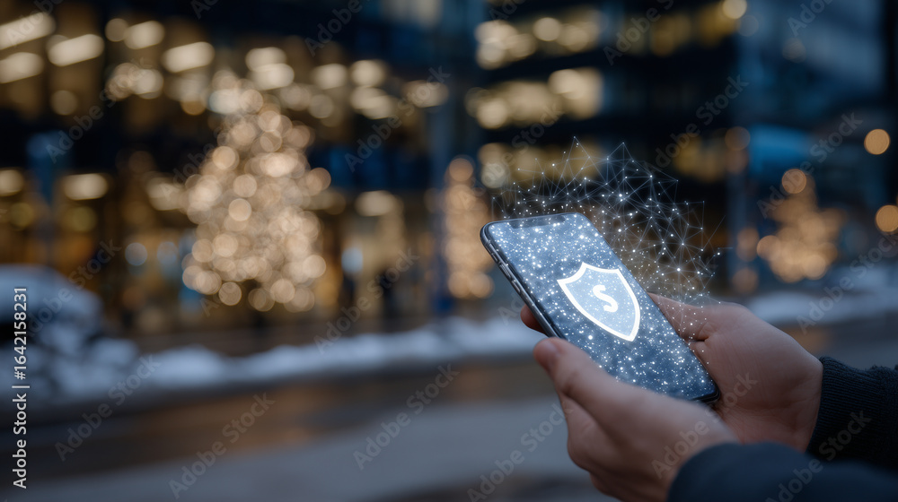 Poster hands holding a smartphone with an illuminated shield icon on the screen, surrounded by a glowing ne