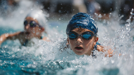 Kids learning to swim with colorful floaties and goggles, water glistening under the radiant afternoon sun,