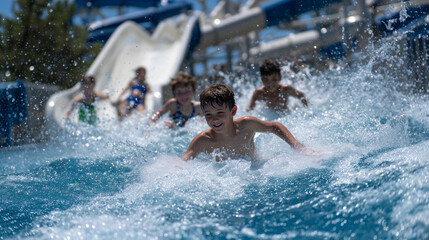 Lively pool scene with children sliding down a waterslide into the sparkling blue, captured with vivid detail and motion,