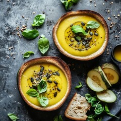 Yellow soup, vegan. With seeds, fruit. Grey stone.