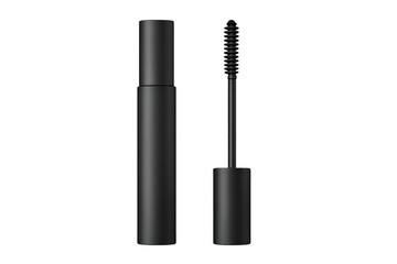 Obraz premium Black mascara and brush on transparent background, beauty product advertising mockup