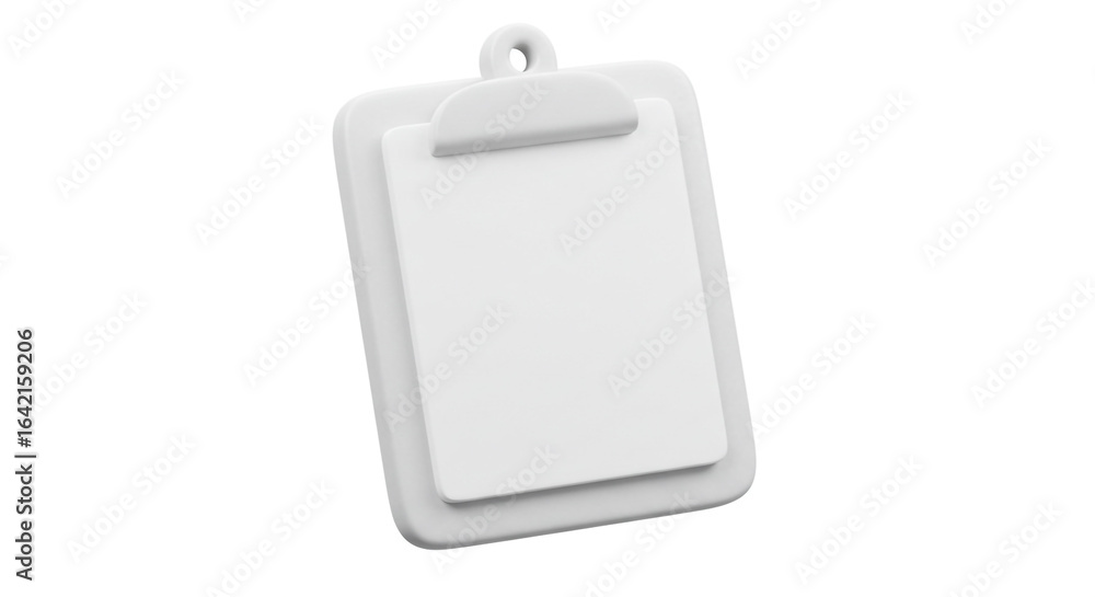 Poster a white clipboard with a blank sheet of paper attached to it on a plain white background in a studio