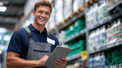 Young man in neat uniform actively engaged with tablet, grocery shelves packed with a variety of goods creating a vibrant backdrop,