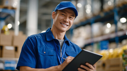 Young employee in blue uniform leaning slightly forward, reading information on tablet while standing amidst aisles filled with assorted groceries and household items,