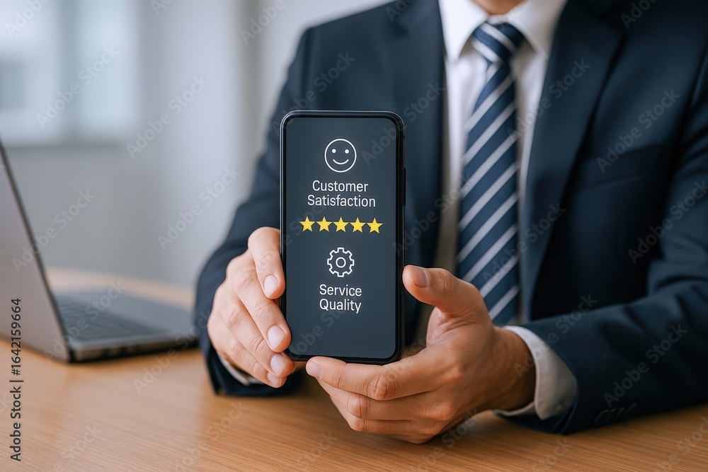 Poster professional displays customer satisfaction on mobile device with five star rating for service quali