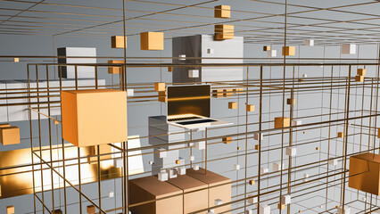 Dynamic abstract background featuring geometric shapes and laptop