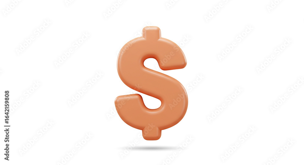 Poster a single orange dollar sign with a shadow on a white background in a studio shot rendering style