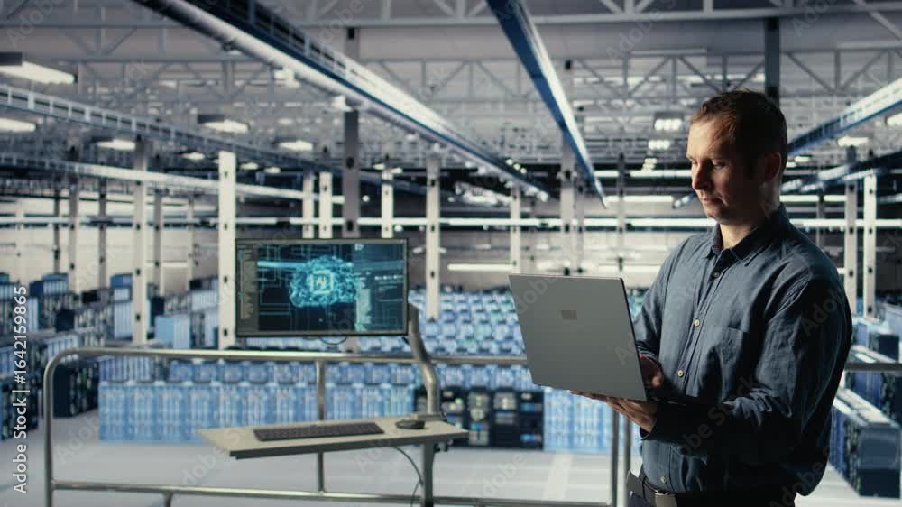 Poster engineer in data center checks ai dashboard using laptop during routine systems review. it expert te