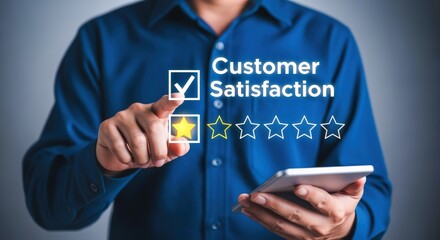 Obraz premium Customer Feedback Survey on Digital Tablet: Rating Experience with Star and Tick, Business Assessment