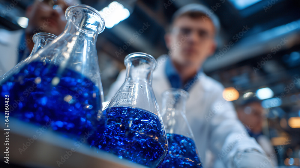 Poster crystal-clear laboratory flasks filled with deep blue fluid, sparkling under fluorescent lights, gro