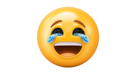 Fototapeta premium Glossy crying-laughing emoji with detailed tear reflections, isolated PNG