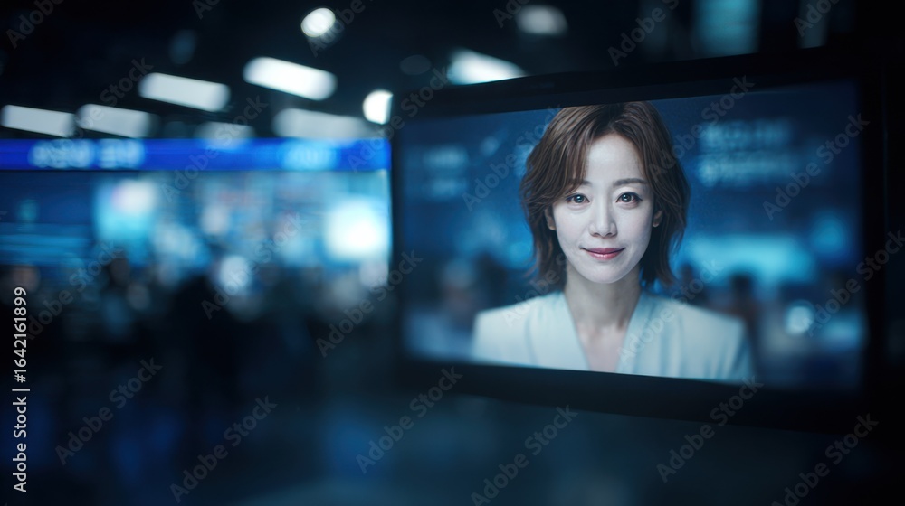 Poster medium shot capturing a sleek translation booth screen displaying an anchors facial animation with d