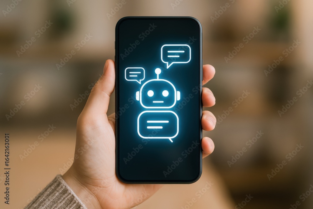 Poster ai chatbot on smartphone display: modern communication and artificial intelligence concept for busin