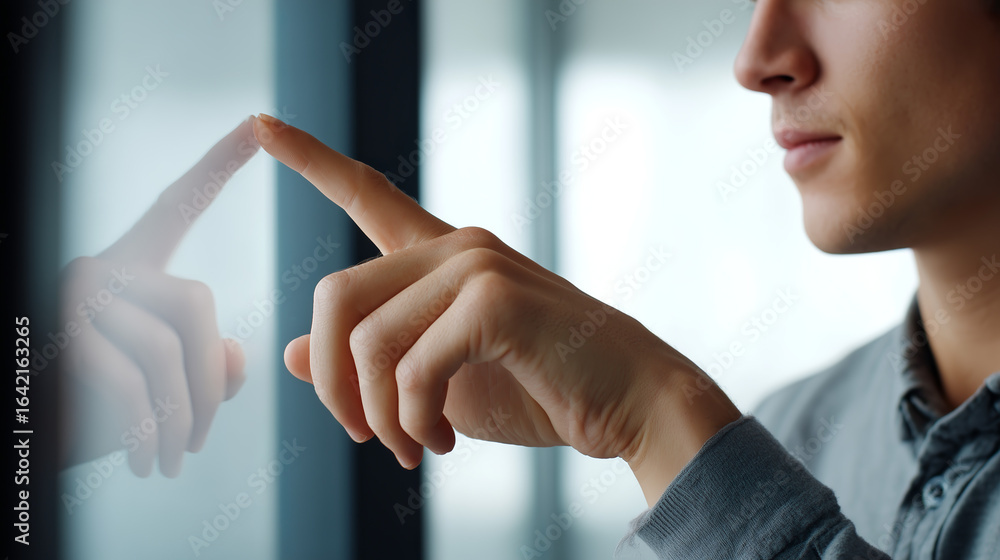 Poster man touching digital screen with futuristic interface