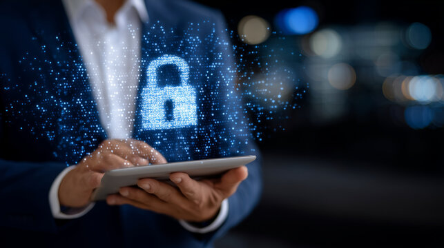 Side profile of businessman holding tablet displaying a luminous lock icon, dynamic network matrix fading into dark background, emphasizing digital defense,