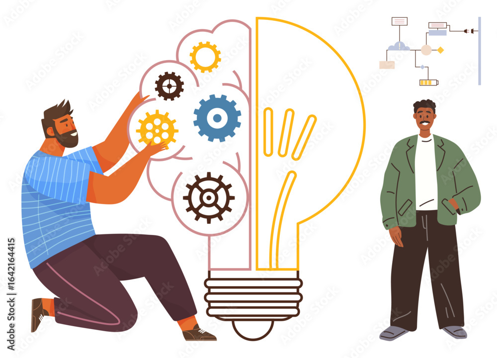 Poster man installing gears inside a lightbulb, another observing, symbolizing teamwork, innovation and pro