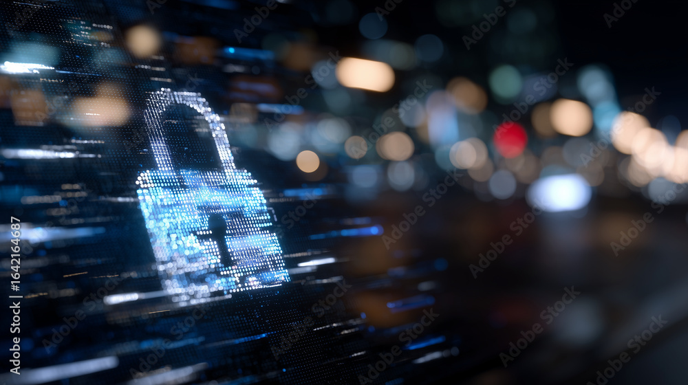 Poster close-up on glowing padlock symbol integrated into server hardware, surrounded by cascading lines of